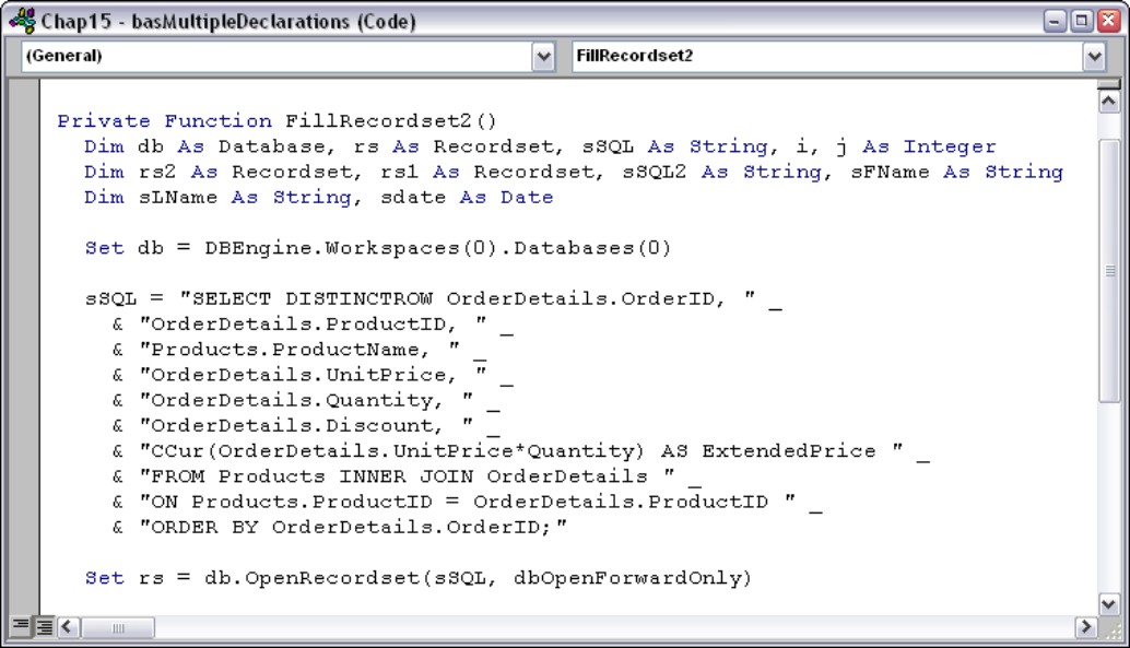 Multiple declarations on a line make finding a variable’s Dim statement difficult.